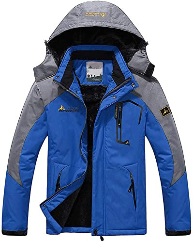 Memoryee Herren Ski Jacke Warmer Gefüttert Winter Fleece Mantel Wasserdichter mit Abnehmbarer Kapuze Outdoorjacke/Grey blue/XL