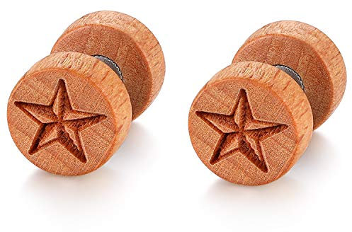 Flongo Herren Holz Ohrstecker 10mm mit Stern Gravur Damen Ohrringe Edelstahl Gestüt Stecker Ohrringe Farbe Fake Plug Tunnel Piercing Ohrschmuck motiv Holzschmuck für männer frauen dunkel braun