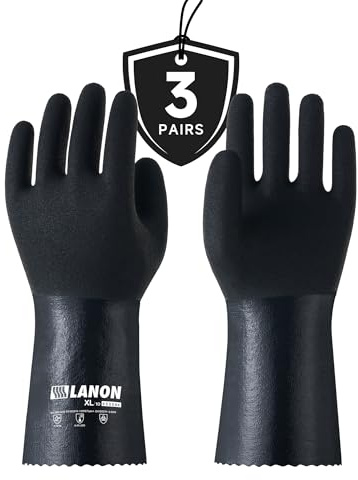LANON 3 Pairs Nitrile Chemical Resistant Gloves, Cotton Liner, Black, Large | Heavy-Duty,Cleaning,Dishwashing,Waterproof,Breathable,Latex Free,Durable,Non-Slip,Acid,Solvent,Alkali & Oil Protection