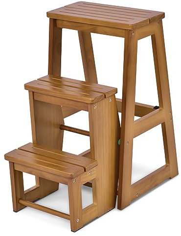 COSTWAY Sgabello Scaletta 3 Gradini in Legno di Pino, Sgabello Scala Pieghevole Salvaspazio, Scaletta 3 Gradini a Ribalta, Capacità Portante 150 kg, 57 x 38,5 x 66cm (Naturale)