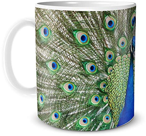 TRIOSK Teebecher Pfau, Gutes Geschenk für Frauen Freundin Kollegin, Weiß Grün Blau, 330 ml