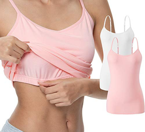 Vislivin Womens Cotton Camisole Adjustable Strap Tank Tops with Shelf Bra Stretch Undershirts White/Pink-1 XXL