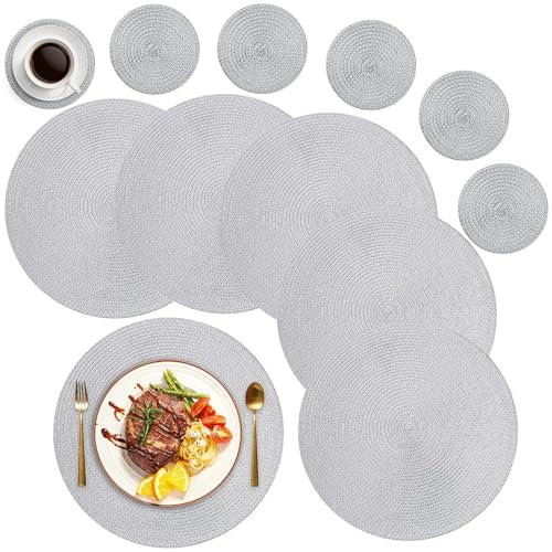 MI CASA Runde Tischsets Abwaschbar 6er Set Platzsets mit Untersetzer, 34cm Gewebte Hitzebeständige Platzdeckchen, Platzteller rutschfest für Küche Geburtstags Party Weihnachten Abendessen - Grau