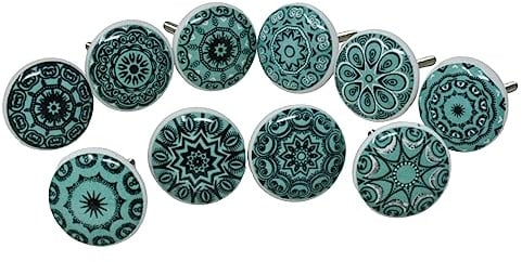 Ajuny Ceramic Knobs Green for Dresser Drawers Chest Cupboard Bathroom Cabinet Kitchen Handmade Set of 10