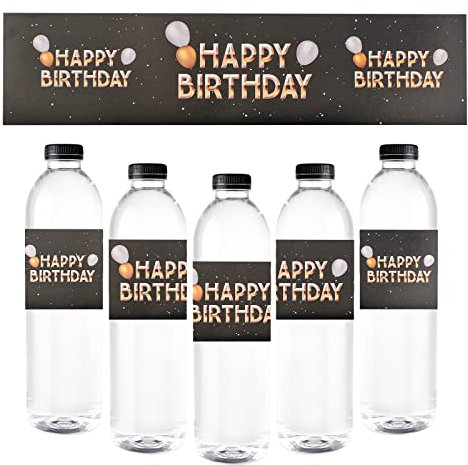 URROMA 100 Pcs Black and Gold Happy Birthday Water Bottle Labels Waterproof Water Bottle Stickers Party Bottle Wrap Around Wrappers Anniversary Party Supplies for Bottle