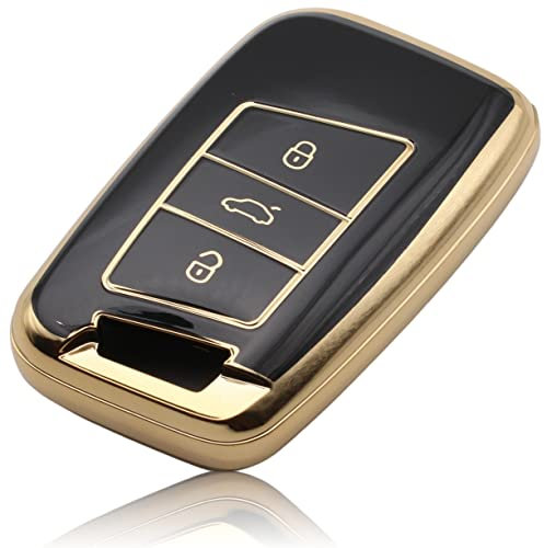 FOAMO Autoschlüssel Hülle Kompatibel mit VW Passat B8, SEAT, Skoda Keyless Autoschlüssel - TPU Schlüsselhülle - Schutz-Hülle für Autoschlüssel Schwarz-Gold