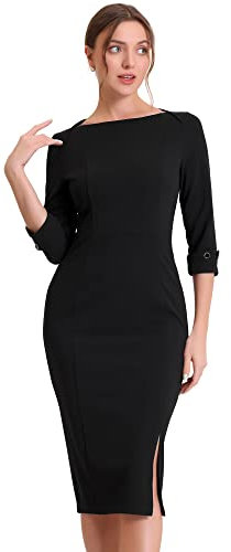 Allegra K Women's Elegant Boat Neck 3/4 Sleeves Midi Split Sheath Dress Black M