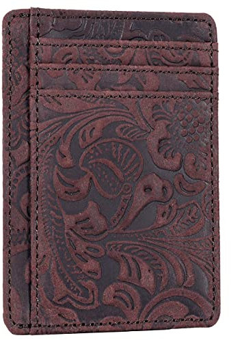 Portefeuille fin minimaliste en cuir véritable pour homme et femme – Poche avant avec blocage RFID, porte-cartes de crédit, portefeuille élégant, Marron., Small, Portefeuille minimaliste