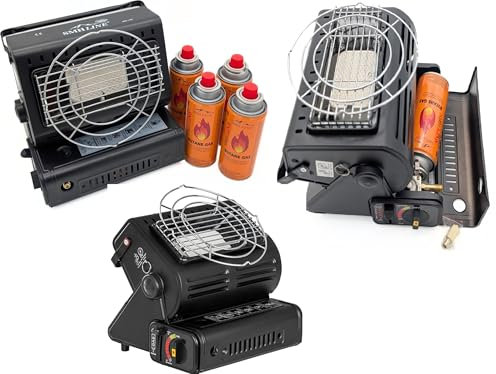 SMH LINE® 2in1 Tragbare Gasheizung Camping Gasstrahler Heizung Outdoor Zelten Wohnwagen 1.3 KW Brenner Kocher + Butan Gas Gaskartuschen Keramik LPG (Gasheizung + 12 Gaskartusche)