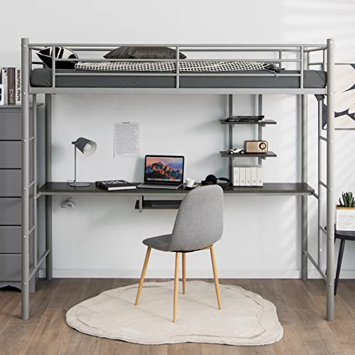 COSTWAY Letto a Soppalco in Metallo, Struttura del Letto Salvaspazio con 2 Scale e Scrivania, Letto a Doghe Ideale per Adolescenti e Adulti, 200x95x180,5 cm (Argento)