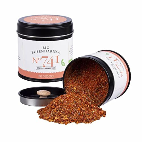 Rimoco N°741 Bio Rosen Harissa Gewürz- 60g Dose, würzig-scharfe Harissa Gewürzmischung für orientalische Gerichte, mit Rosenblüten und biologischen Zutaten