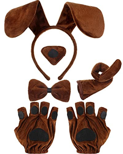Cindeer 5 Stück Welpen Tier Cosplay Party Set inklusiv Hund Tier Haarreif mit Ohren Fliege Gefälschte Nase Party Hund Schwanz Welpen Pfoten Handschuhe Tierkostüm Zubehör für Halloween (Braun)