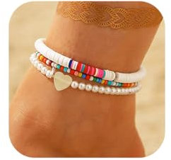 Jovono Boho Fußkettchen mit mehrschichtigen Perlen in Herzform mit weißen Perlen, Strand-Fußkettchen, verstellbarer Schmuck, 3 Stück für Frauen und Mädchen [15.0, 16.0, 17.0, Glas