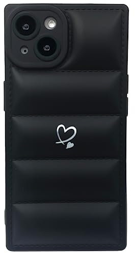 Puffer Handyhülle für iPhone 14, quadratischer Rand mit trendigem, niedlichem, weißem Herz – The North Puffy Down Jacket Face Stoßfeste Kamera – Elegantes und luxuriöses Design für Apple-Hüllen für