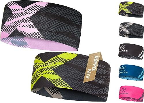 2er Set atmungsaktives Sport Stirnband Damen & Herren - schnelltrocknendes Kopfband zum Wenden - elastisches Haarband, Schweißband Stirn (rosa, neon)