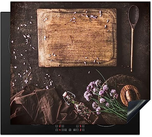 KitchenYeah© Herdabdeckplatte Einteilig Abdeckplatten Cerankochfeld Abdeckung Ceranfeld Herdplattenabdeckung Induktionsmatte Schneidebrett - Kräuter - Löffel - Mörser - Schnittlauch - 58x51 cm