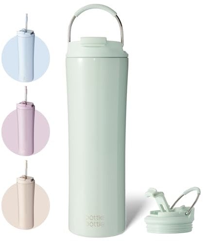 BOTTLE BOTTLE Insulated Coffee Cup with Dual-use Lid and Straw 700ml(24oz) Reusable Iced Travel Mug for Woman and Man Stainless Steel Tumbler with Handle(Light Green)