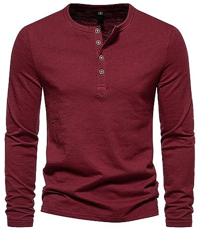 Long Fleece Hoodie Blanket Men's Long Sleeve T-Shirts Henley Shirts Front Pocket Casual Button Cotton Top Crew Neck Slim Fit Fashion Basic Tee Red