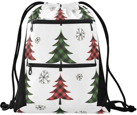 FRODOTGV Buffalo Plaid Weihnachtsbäume Kordelzug Rucksack Kordelzug Rucksack Outdoor Tasche Schwimmen Turnbeutel mit Netztaschen, Buffalo Plaid Weihnachtsbäume, Einheitsgröße