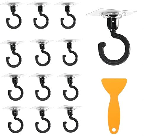 12 pezzi Ganci Autoadesivi Girevoli a 360 Gradi con 1 Raschietto -Carico Massimo 3 kg- Ganci da Soffitto Senza Foratura, Gancio da Parete Trasparenti Gancio Adesivo per Bagno/Cucina/Ufficio (Nero)