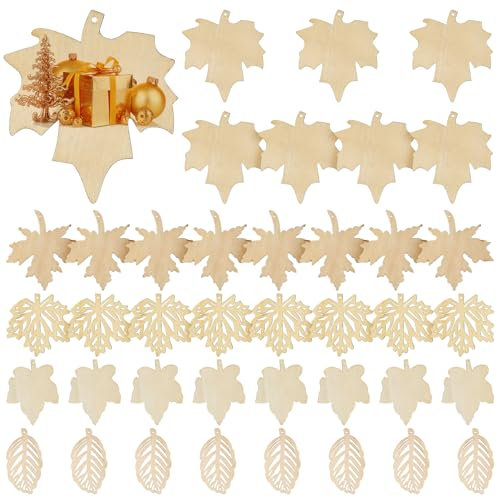 40 Stk Holzanhänger zum Bemalen, Holz Streudeko zum Basteln, Ahornblatt Figuren Holz Anhänger Deko für DIY Basteln Weihnachten Hochzeitsdeko Tischdeko Scrapbooking Geburtztag Deko, mit Juteseil