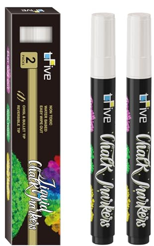 TFIVE White Liquid Chalk Markers - 2 Pack Bright Colors Erasable Chalk Marker Pens, Reversible Tip, Non-Toxic, for Chalkboards, Signs, Glass, Easy to use Chalk markers TF800