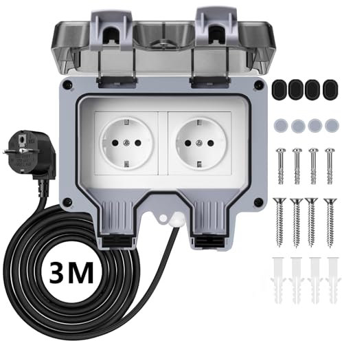 Powerole Double prise extérieure étanche IP66 avec interrupteur, témoin lumineux et câble âme en cuivre de 3 m, prise extérieure, prise de jardin, étanche, étanche à la poussière et aux intempéries