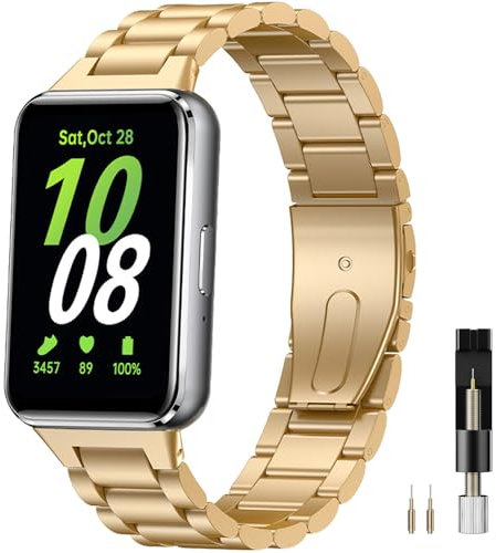 Miimall Metal Strap Compatible with Samsung Galaxy Fit 3 2024 Wristband, No Gap Stainless Steel Strap Bracelet for Men Women, Adjustable Replacement Band for Galaxy Fit 3 SM-R390 Smartwatch-Gold