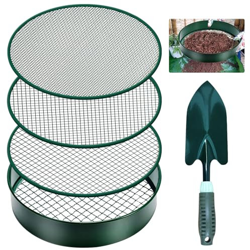 pdpdoc Setaccio per terreno, 30 cm, a maglia fine, in acciaio inox, per giardinaggio, compost, con 4 filtri intercambiabili di dimensioni 3, 6, 9, 12 mm e pala, setaccio per terreno per sabbia, rocce
