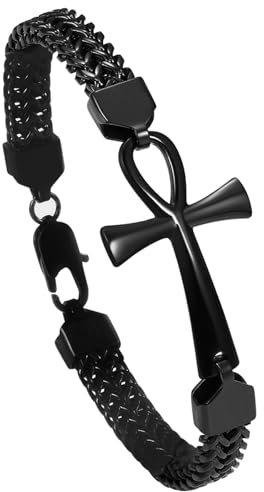 OIDEA Herren Ankh Kreuz Armband: Schwarz Hip Hop Gotik Armkette Franco Link Panzerkette 8mm Breit Edelstahl Armreif Kettenarmband Rock Biker Amulet Schmuck Geschenk für Männer 22cm