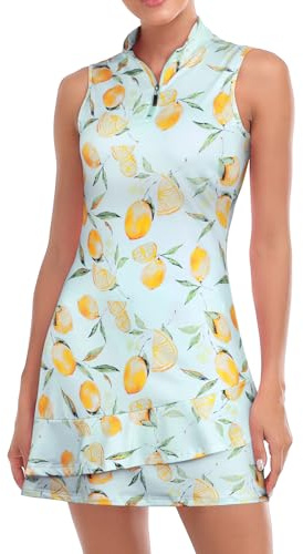 Viracy Women's Tennis Dress, Sleeveless, with Shorts and Pockets, Ruffles, Zipper, Mock Neck, Golf Outfits, Lemons, L