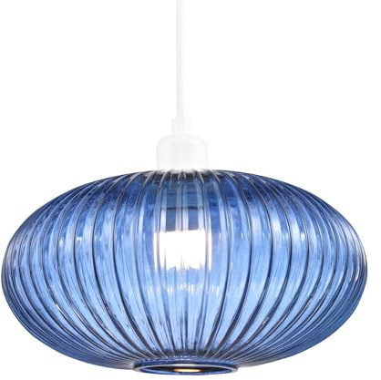 Modern Designer Navy Midnight Blue Line Ribbed Glass Oval Pendant Lamp Shade | 30cm x 17cm | for Kitchen Island Living Room Bedroom Dining Room etc by Happy Homewares