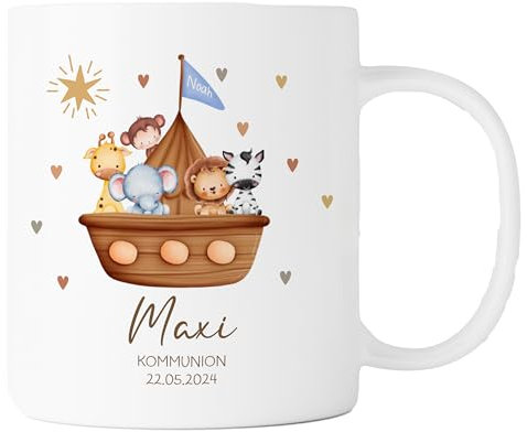 Tasse zur Kommunion/Konfirmation/Firmung mit Aufdruck des Namens und Wunschtext für Mädchen und Junge (Arche Noah | blau (Henkel+Innen weiß))
