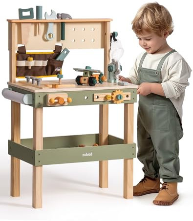 ROBUD Holz Werkbank Kinder, Spielzeug Werkzeugbank mit Werkzeuggürtel, Kinder Werkzeug Set, Schutzbrille, Zeichenpapier für Rollenspiel Konstruktion, Jungen Mädchen Spielzeug ab 3-5-6-8 Jahre Geschenk