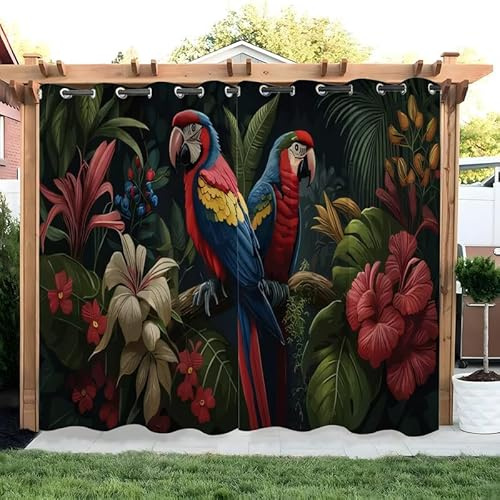 buyluhn Papagei Outdoor Vorhang Wetterfest Tropisch Pflanzen Outdoor Vorhänge mit Ösen Wasserdicht Outdoor Gardinen 2er Set Outdoorvorhänge für Balkon Pavillon Terrasse, 132x275cm