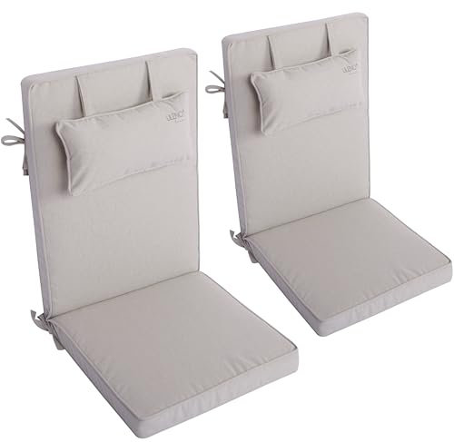 LILENO HOME Gartenstuhl Auflagen mit Kopfkissen [2er Set - Hochlehner] in Creme - Sitzauflagen für Gartenmöbel - Stuhlkissen für Gartenstühle und Klappstühle Dub