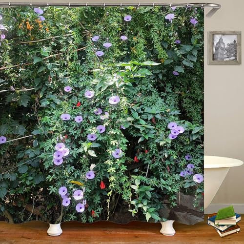 MMHJFANG Tenda da doccia con stampa 3D con piante da giardino, con ganci, pianta verde e floreale, scena da giardino, decorazione per esterni, patio, foglie vivaci e muro di mattoni (stile 6, 180 x