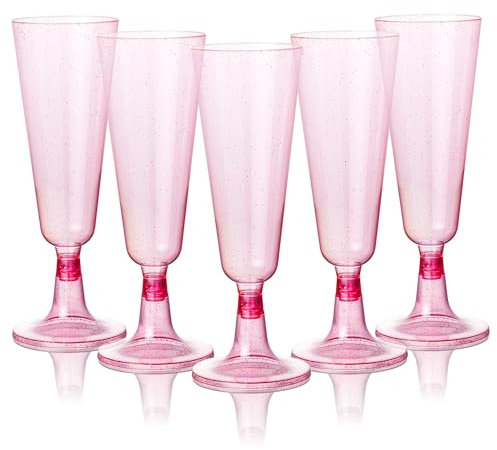 MATANA 50 Flûtes à Champagne en Plastique Rose Réutilisables Premium avec Paillettes, 150ml - Verres à Champagne, Coupes de Champagne pour Mariages, Anniversaires & Fêtes