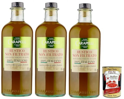 Italian Gourmet Olio Extra Vergine di Oliva Olivenöl rustikal nativ 3 x 1L | Non filtrato, 100% italiano; kalt gewonnen, kräftiger Geschmack für Salate e, Gesamtnettogewicht 3 L + Kostenlos Polpa 400g