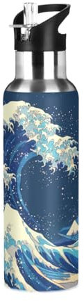 Tolle Japanische Welle Kanagawa Trinkflasche Wasserflasche mit Strohhalm, Thermosflasche Vakuumisolierte aus Edelstahl 18/8, BPA-frei für Kinder Sport Wandern Schule (600ml/1L)