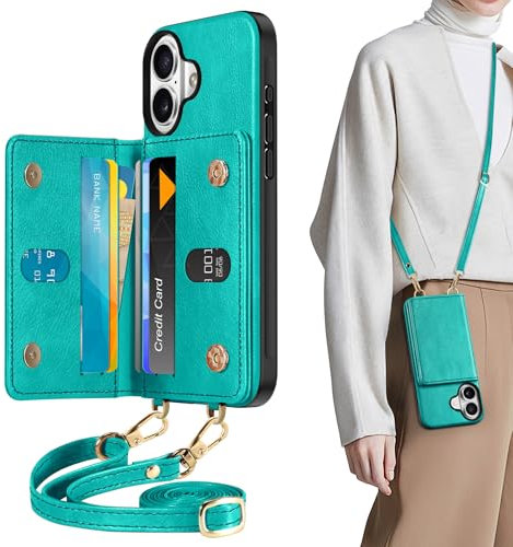 TUCCH Funda para iPhone 16 [Separable Cordón Bandolera] Bloqueo RFID [6 Ranura Tarjeta], Cuero Sintético Cierre Magnético Folio Tarjeteros Flip Libro Carcasa para iPhone 16 6,1 2024 - Cian Texturizado