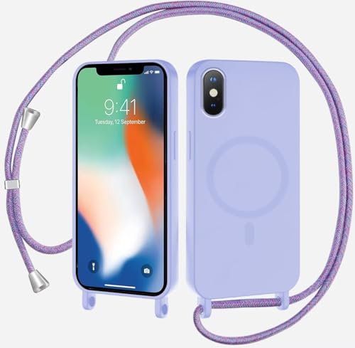 SLWYF Magnetische Handykette für iPhone X/iPhone XS Hülle mit Band, Handyhülle Kompatibel mit MagSafe, Silikon Seil Necklace Handyhülle PU Stoßfest mit Abnehmbar Kordel zum Umhängen Case -Lichtviolett