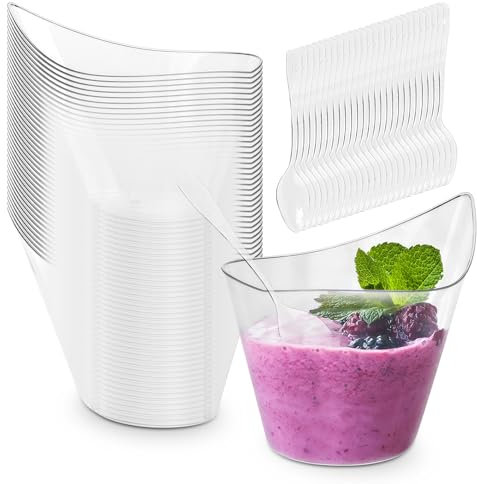 GOMETY Lot de 50 gobelets à dessert en plastique - 210 ml - Ronds incurvés - Mini bols à dessert transparents - Réutilisables - Pour pudding, mousse, dessert (11,2 x 6,3 cm)
