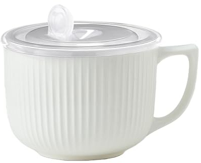 Kongming 900mL Soup Bowl,Ceramic Soup Mug,Microwave Mug with Lid,Large Porridge Bowls with Handle,Microware Cup Containers for Ramen,Noodle,Oatmeal,Yogurt,Cereal,Salad,Breakfast (White)