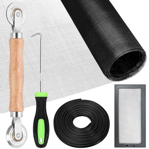 Glarks 4pcs 48 W x 99 L schwarzes Fenster Bildschirm Reparatur Kit, enthalten 1pcs Glasfaser Bildschirm Mesh 1pcs 10.94yard Spline 2pcs Spline Entfernungswerkzeug für Patio Bildschirm Tür Reparatur