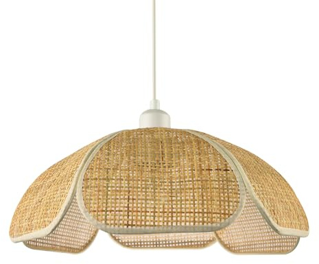 Vintage Art Deco Rattan Pendant Shade with Cream Cotton Fabric Trims | Fan Style with 6 Segments | 40cm x 16cm by Happy Homewares