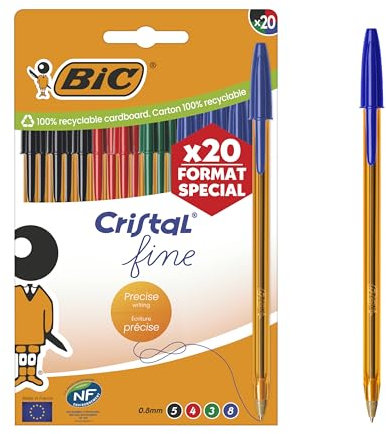 BIC Cristal Original Fine Bolígrafos de Punta Fina (0,8 mm) con Cuerpo Naranja Translúcido - Colores Surtidos, Caja de 20