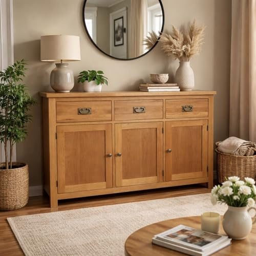 Home Furniture Group Ltd Oakcroft Large Sideboard – Rustic 3 Door 3 Drawer Solid Wood Storage Cabinet – Fully Assembled – Dining Room or Hallway