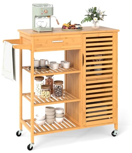 COSTWAY Küchenwagen aus Holz Bambus, Küchenschrank mit Rollen, Servierwagen mit Schublade, 3 Regalen, Handtuchhalter & 1 Lattentür-Schrank, Rollwagen für Küche Esszimmer, 91 x 44 x 89 cm, Natur