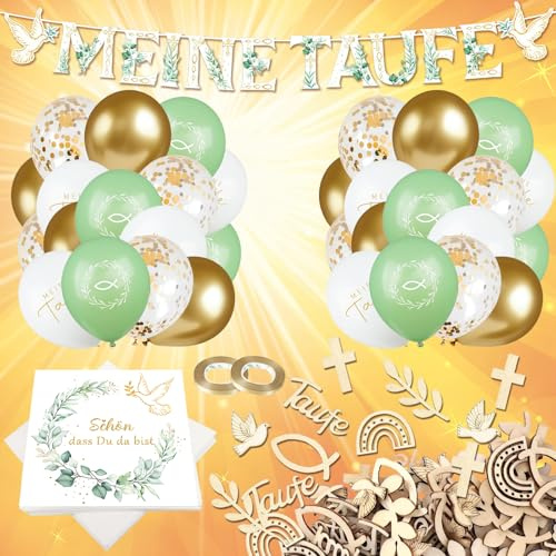 Taufe Deko Junge Mädchen,125-teiliges Set mit „Meine Taufe“-Girlande, 24 Luftballons, 40 Servietten, Holzkonfetti & Bänder für Tischdeko